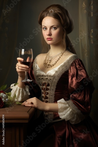 Royal woman with a glass of wine. Funny historical portrait, middle ages royal aesthetics. Queen or princess drinking alcohol.