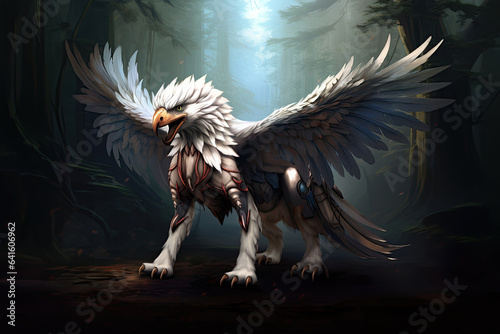 mythical armoured griffin with spread wings in a fantasy forest, beautiful wallpaper