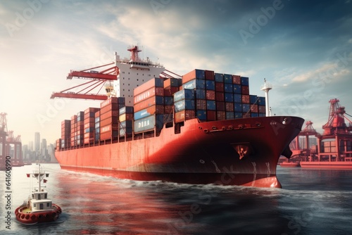 Big transport ship with containers with goods on the open sea. Generative AI