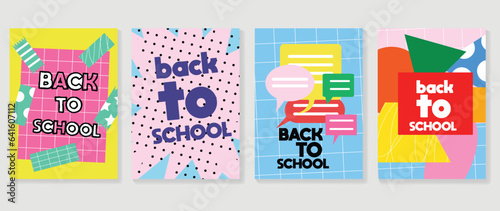 Welcome back to school cover background vector set. Cute childhood illustration with geometric shapes, speech bubble, dot, colorful. Back to school collection for prints, education, banner.