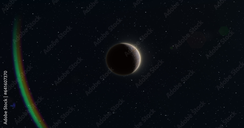 Abstract realistic space spinning planet round sphere with a relief stone surface in space against the background of stars and the sun