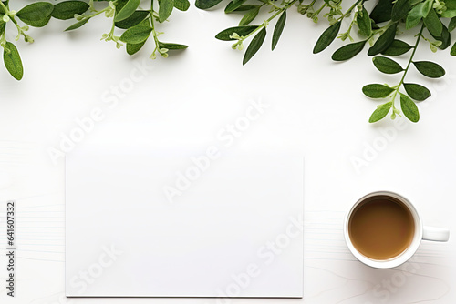 Office desk table with keyboard and coffee cup. Top view with copy space