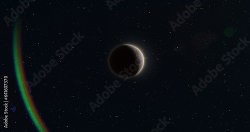 Fototapeta Naklejka Na Ścianę i Meble -  Abstract realistic space spinning planet round sphere with a relief stone surface in space against the background of stars and the sun
