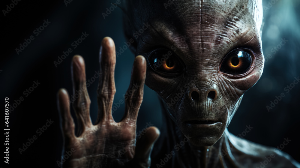 Communicating with aliens or extraterrestrial beings on dark background with a place for text photorealism 