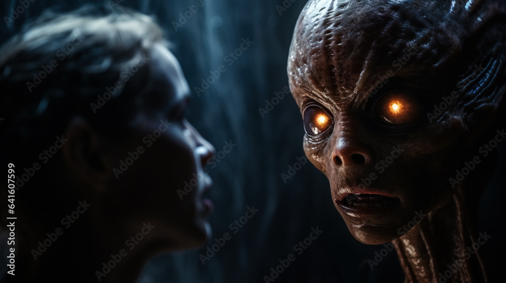 Communicating with aliens or extraterrestrial beings shocked woman on dark background with a place for text photorealism Communicating with aliens or extraterrestrial beings shocked woman on dark background with a place for text photorealism