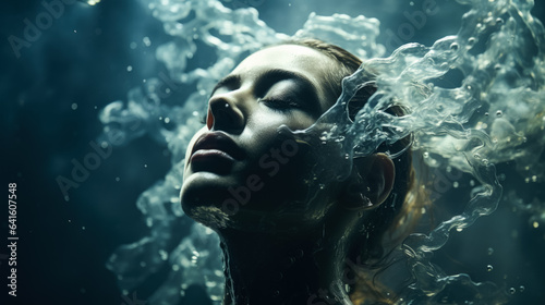 Being able to breathe underwater emotions on dark background with a place for text photorealism  © fotogurmespb