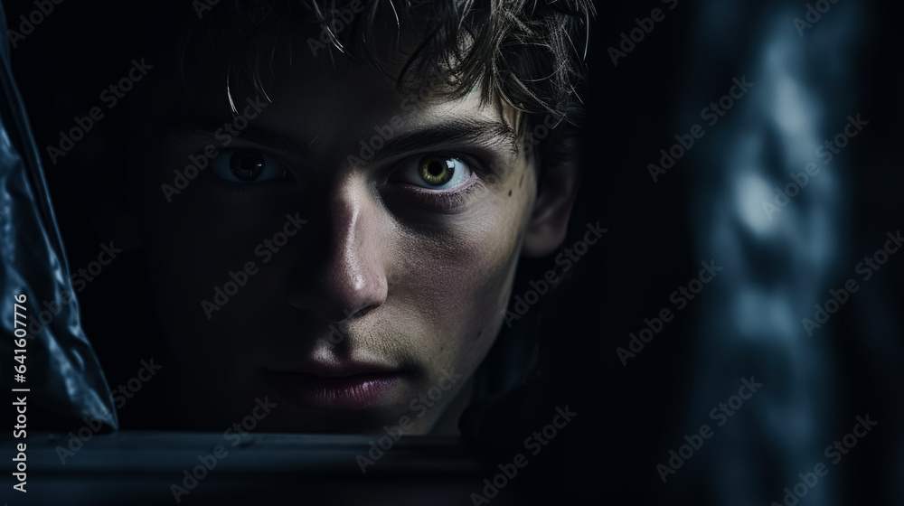 Person portrait in hidden unusual rooms in a house on dark background with a place for text photorealism Person portrait in hidden unusual rooms in a house on dark background with a place for text photorealism