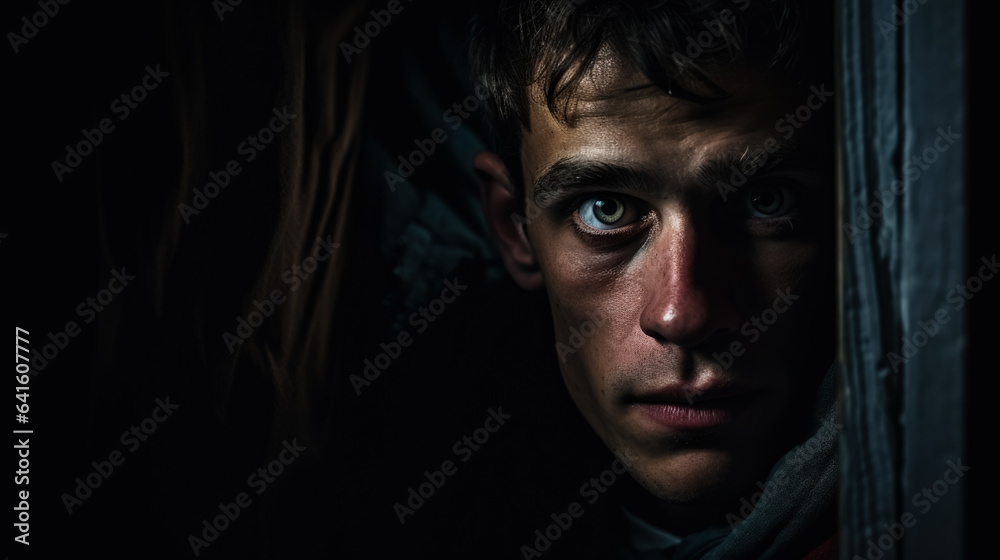 Person portrait in hidden small rooms in a house on dark background with a place for text photorealism Person portrait in hidden small rooms in a house on dark background with a place for text photorealism