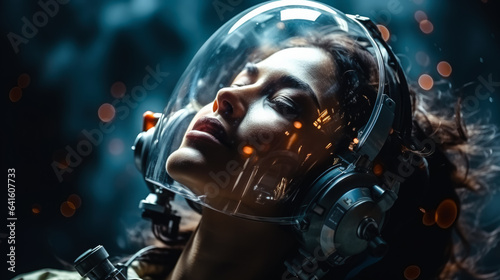 Experiencing weightlessness of a woman face in space on dark background with a place for text photorealism 