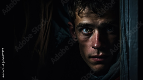 Person portrait in hidden small rooms in a house on dark background with a place for text photorealism 