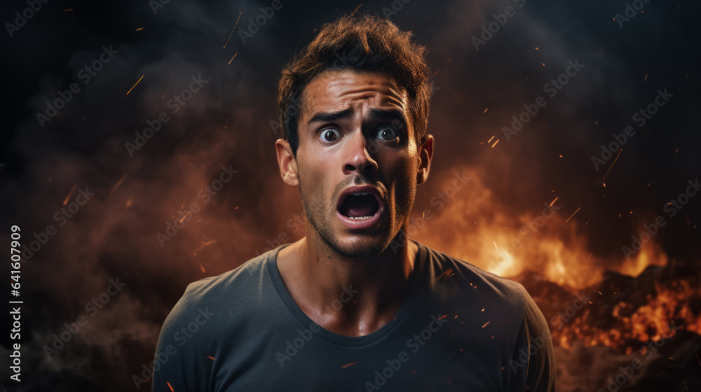 Witnessing a natural disaster shocked face of man on dark background with a place for text photorealism Witnessing a natural disaster shocked face of man on dark background with a place for text photorealism