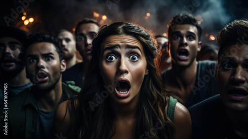 Fotografiet Witnessing a natural disaster shocked face of people on dark background with a p