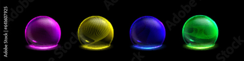 3d sphere bubble protect shield barrier effect. Glass ball dome with abstract cyber grid. Secure energy technology for magic defense. Neon blockchain round immune guard in yellow, green, pink and blue