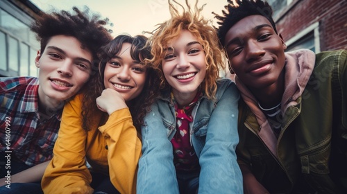 Divers group of smiling girls and boys, students, Y2K, grunge, 2000s, retro, vaporwave, nostalgia, kitsch