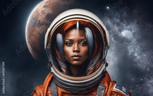 A close-up of a black female astronaut during a captivating spacewalk, showcasing the cosmic beauty and her interstellar journey © cappellettipictures