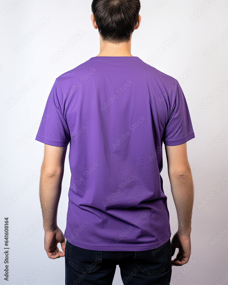 Man in purple t-shirt for design showcase, back view Man in purple t-shirt for design showcase, back view