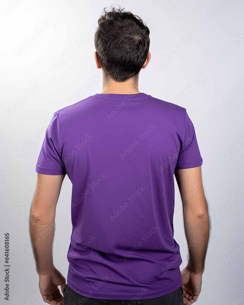 Man in purple t-shirt for design showcase, back view Man in purple t-shirt for design showcase, back view