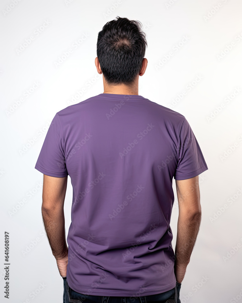 Man in purple t-shirt for design showcase, back view Man in purple t-shirt for design showcase, back view
