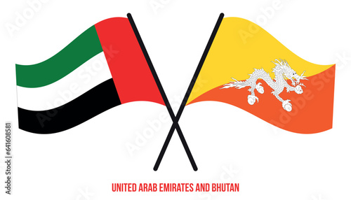 United Arab Emirates and Bhutan Flags Crossed And Waving Flat Style. Official Proportion.