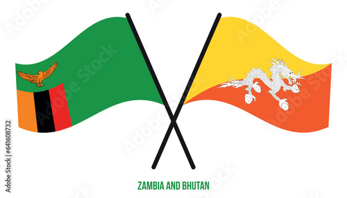 Zambia and Bhutan Flags Crossed And Waving Flat Style. Official Proportion. Correct Colors.