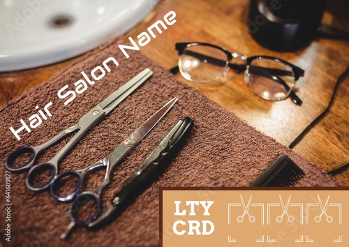 Composite of hair salon loyalty card text over scissors and razor in hairdresser's salon