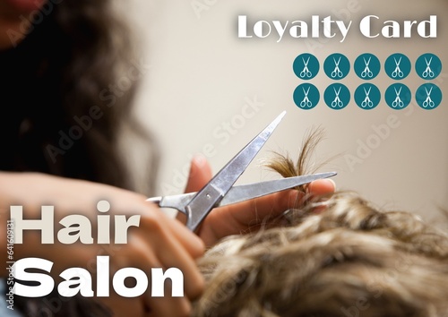 Composite of hair salon loyalty card text over caucasian man having hair cut in hairdresser's salon