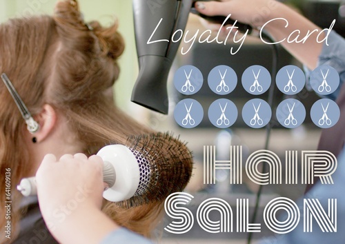 Composite of hair salon loyalty card text over caucasian woman in hairdresser's salon