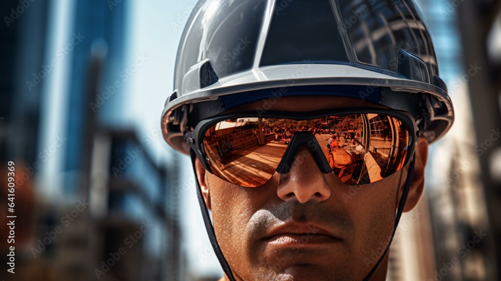 A man wearing a helmet and sunglasses on a city street A man wearing a helmet and sunglasses on a city street