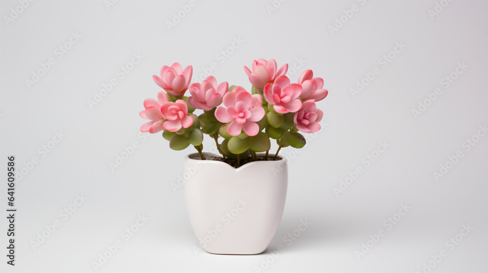 Pink echeveria Cupid flowers in white ceramic pot