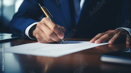 A professional man in a suit writing on a piece of paper