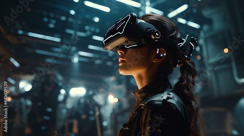 Fototapeta Naklejka Na Ścianę i Meble -  A woman in a futuristic space suit with a helmet inside a sci-fi themed space station