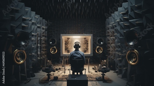 A man enjoying music in a comfortable chair surrounded by powerful speakers photo