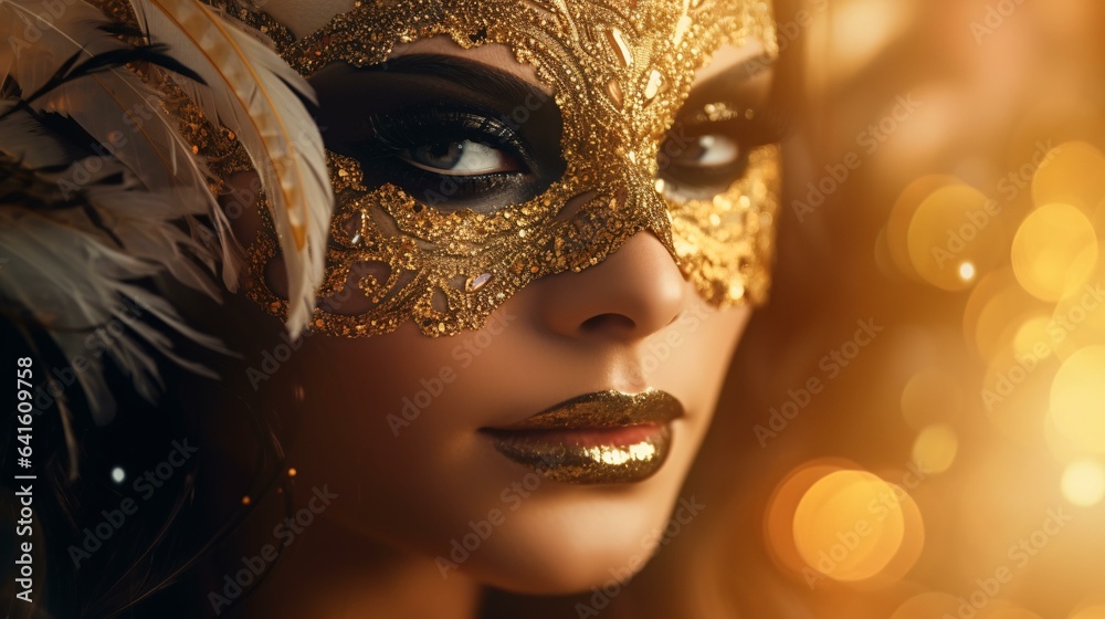 A woman wearing a mysterious mask up close