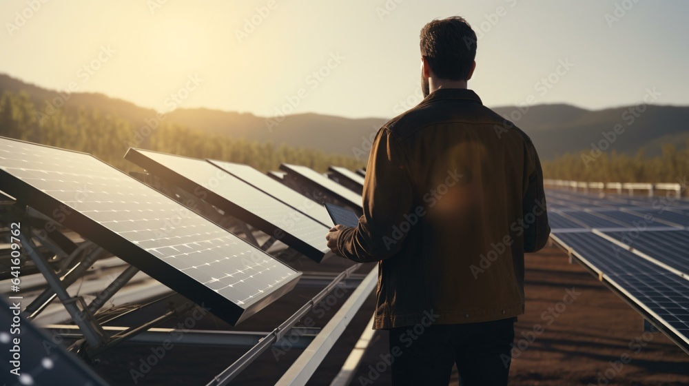 A man standing in front of a row of solar panels