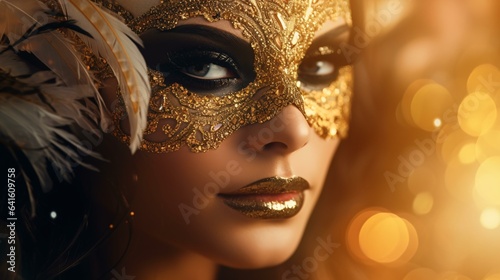 A woman wearing a mysterious mask up close