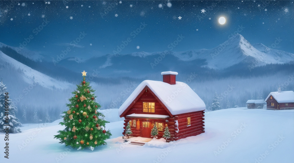Christmas scene with Christmas tree beside house