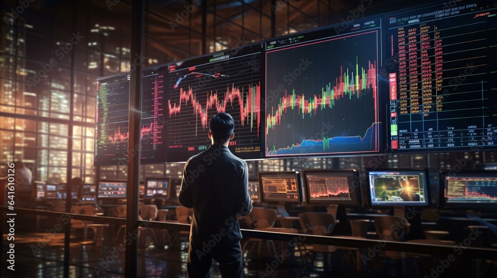 A man working with multiple computer monitors A man working with multiple computer monitors