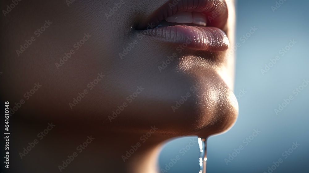 Fototapeta premium A woman with water droplets falling from her mouth in a close-up shot