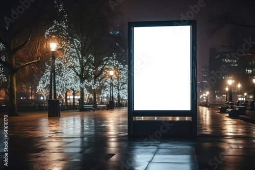 Christmas, Mock-up of blank billboard at store street showcase window in a city at night. Generative ai