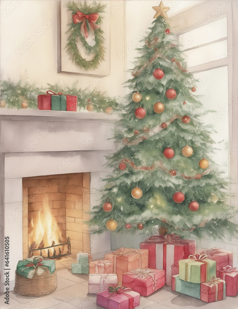 Background with a decorated Christmas tree and gifts