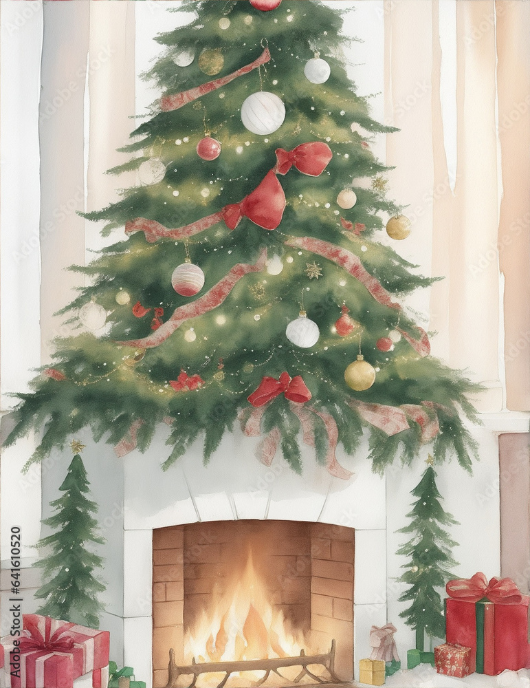 Watercolor illustration of brick classic fireplace with christmas decor tree
