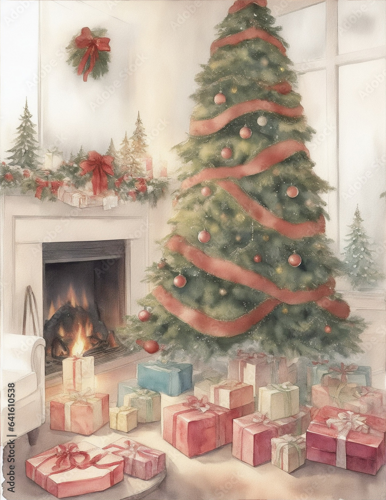 Watercolor illustration of brick classic fireplace with Christmas decor tree and gifts