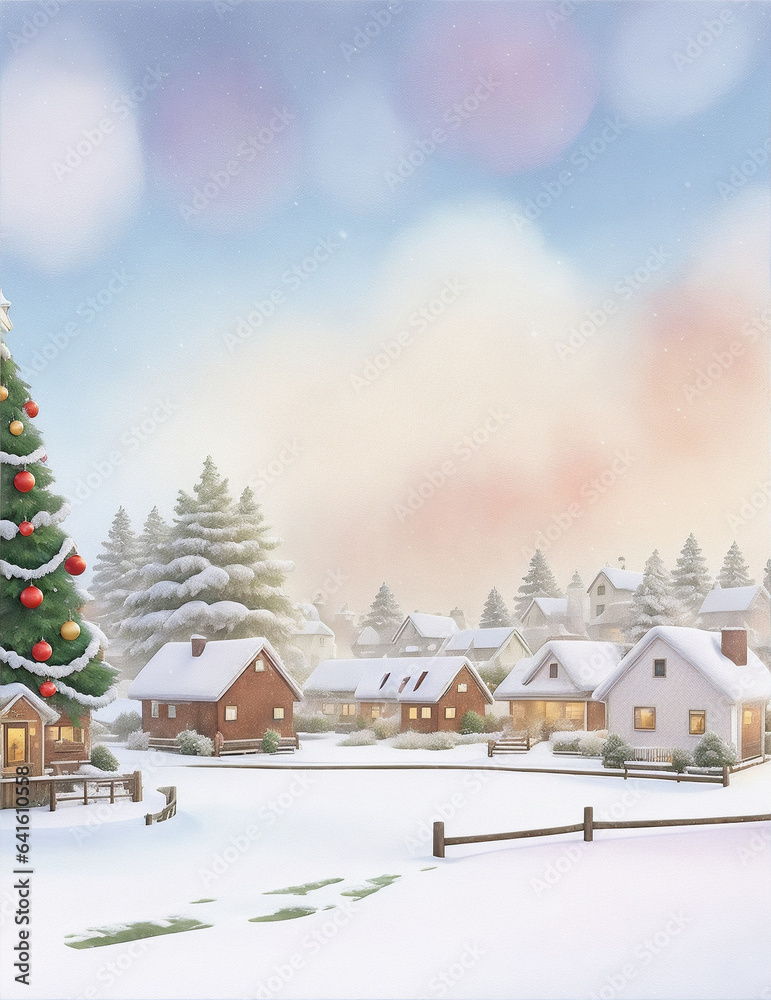 Watercolor snow falling on houses on christmas day background