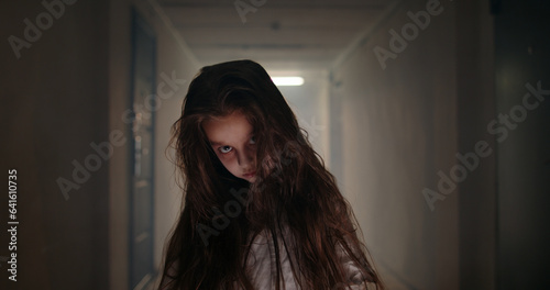 Fotografi Girl in little white sundress creepily staring into camera, dressed for halloween
