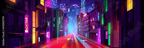 Night city street with traffic speed effect. Vector cartoon illustration of futuristic metaverse city district, illuminated skyscrapers and colorful signboards, car light traces from fast motion
