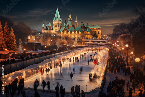 photo of an ice rink situated near an iconic landmark, combining the thrill of skating with the allure of world-famous scenery 