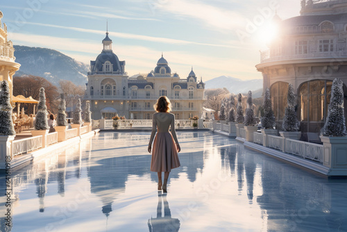 captivating photo of an ice skater enjoying a luxurious rink at a high-end resort, with elegant architecture and picturesque surroundings 