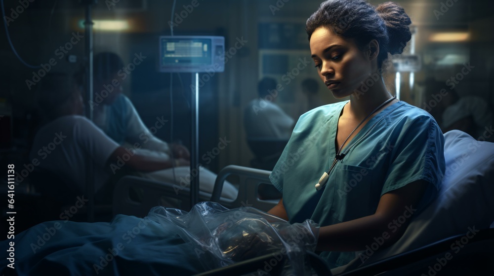 A woman in scrubs resting in a hospital bed A woman in scrubs resting in a hospital bed