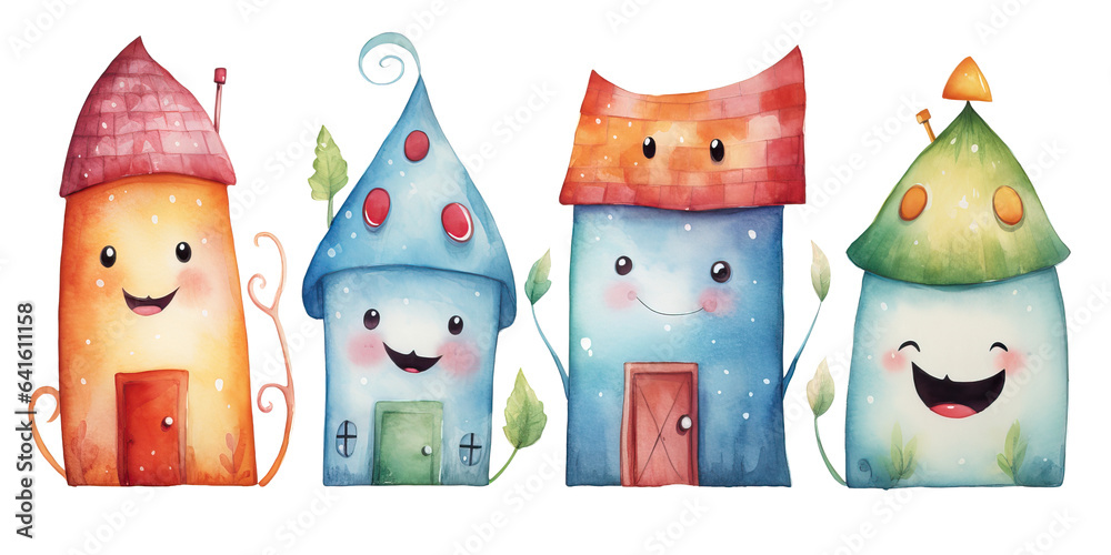 set of cute watercolor houses on white background, funny cartoon fairy tail houses for kids books, story books - obrazy, fototapety, plakaty 
