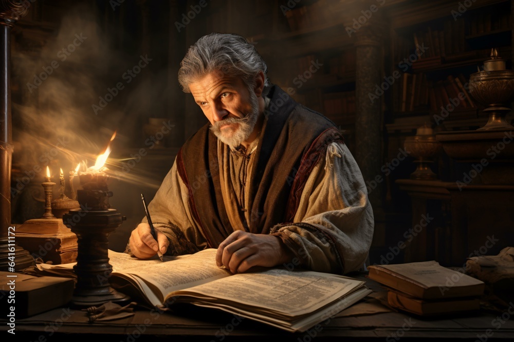 A man engrossed in reading by candlelight at a table A man engrossed in reading by candlelight at a table